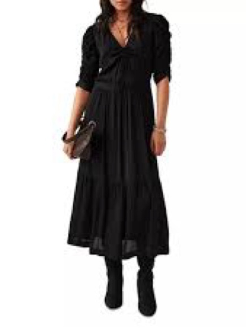 ba&sh Fercy Midi Dress Black Ruched Puff Sleeve Tiered V-Neck Size 3 US Size L